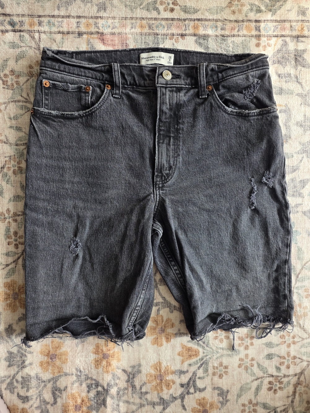 Abercrombie & Fitch Women's Washed Black Distressed Denim High Rise 9" Shorts